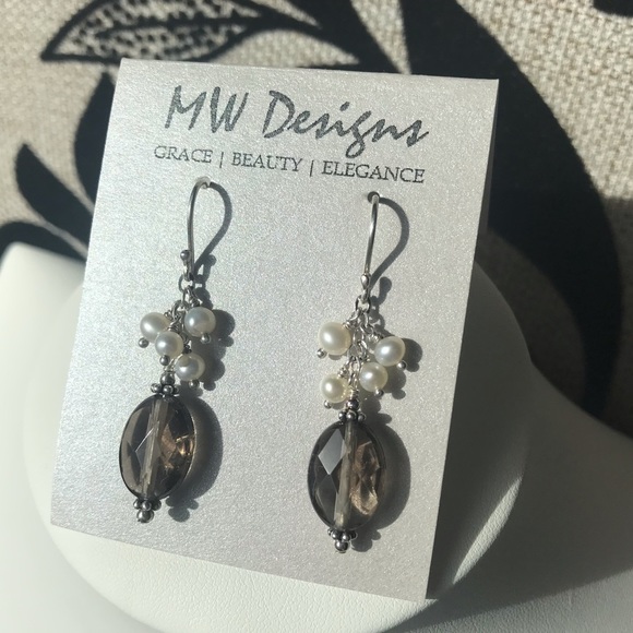 Handmade Smokey Quartz and Pearl Earrings - Picture 3 of 3